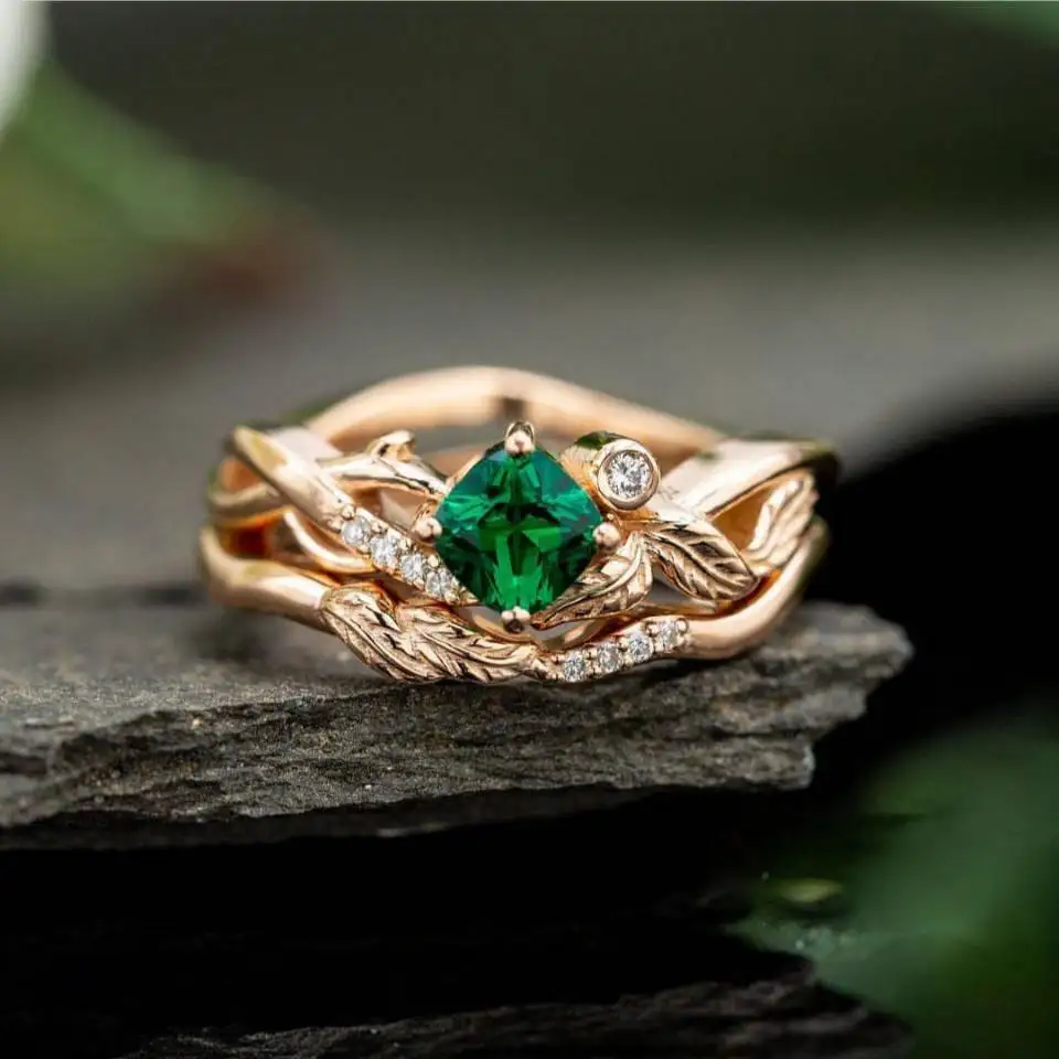 

Irregular Gold Color Branch Leaves Ring for Women Square Green Zircon Stone Creative Band Design Wedding Banquet Rings Jewelry