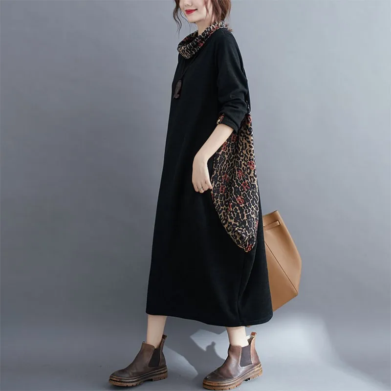 

Autumn Winter Women Casual Long Dress New Arrival 2020 Vintage Patchwork Leopard Print Turtleneck Loose Female Dresses S1910