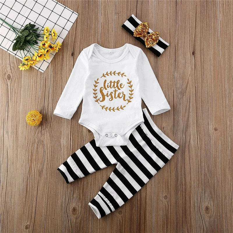0-12M Baby Girls Boys Clothes 3PCS Toddler Letter Print Top Pants Headband Stripe Outfits Set roupa infantil | Детская одежда и