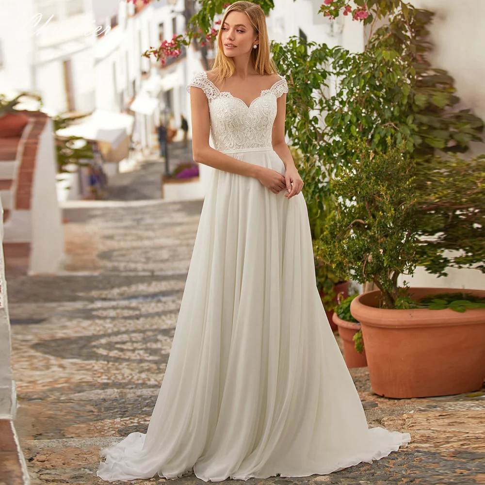 

Lhuilier Women's A Line Scoop Neck Simple Chiffon Wedding Dresses Floor Length Cap Sleeves Bridal Dress With Court Train