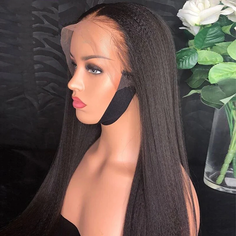Yaki em Linha Perucas da Parte Dianteira do Laço Naturais da Bandana Resistente ao Calor da Fibra para a Mulher Reta Perucas Sintéticas Pode Ser Estilo Cabelo Preta Luz 4 Luz yaki em linha reta perucas da
