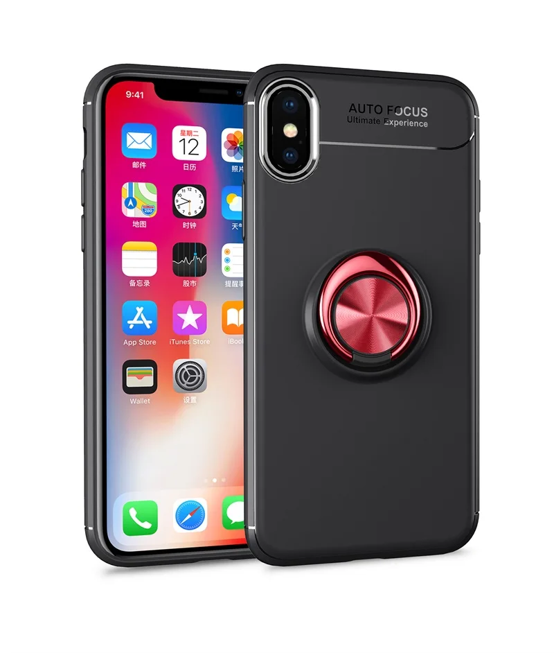 Чехол для телефона s Крышка корпуса ля iPhone x магнитное кольцо кронштейн мягкий матовый Силиконовый светильник и Тонкий Модный чехол для iPhone x Coque - Цвет: Red Black
