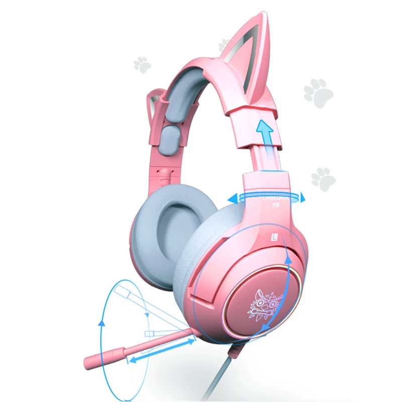 

OUTMIX New product K9 pink cat ear cute girl gaming headset with mic ENC noise reduction HiFi 7.1 channel RGB wired headphone