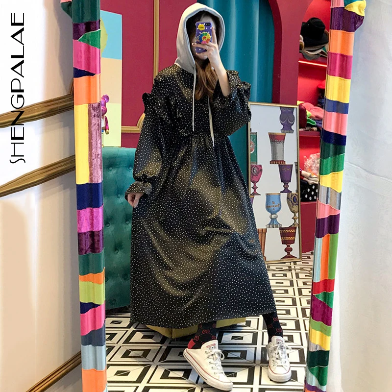 SHENGPALAE шикарное черное белое волнистое с капюшоном разрезом краями листьев