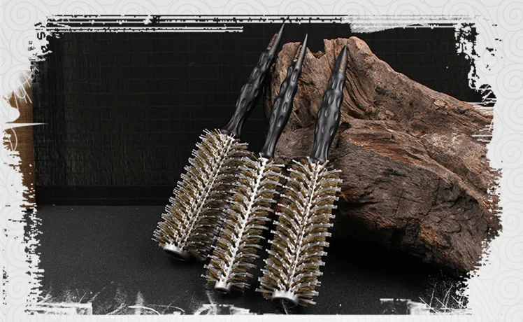 IRUI 1pc Natural Boar Bristle Round Brush Groove Design Handle Hair Rolling Brush For Hair Drying Styling