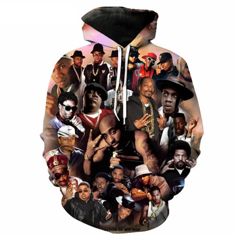 

2021 Топ Rapper Tupac 2pac Graphic Мужская мода с круглым вырезом и рукавами Новые повседневные 3D толстовки
