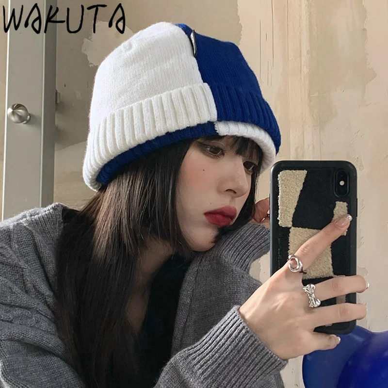 Вязаная шапка WAKUTA в Корейском стиле винтажная шапка-свитер с цветными блоками