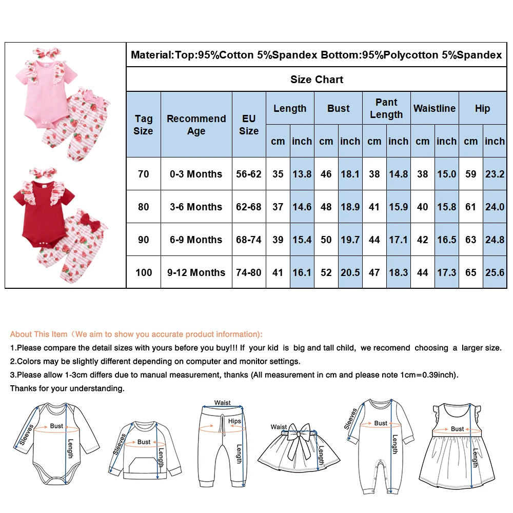 

Toddler Newborn Baby Girl Clothes Flying Sleeve Cotton Romper Tops Strawberry Print Long Pants Headband 3Pcs Outfits Clothes D30