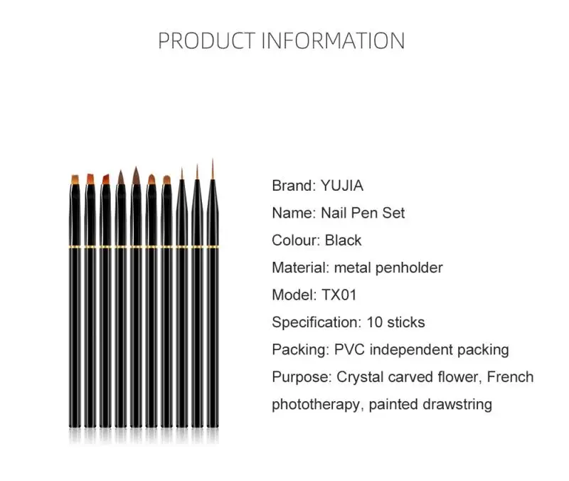

10 PCS Black Metallic Rod Nail Art Pen Nail Brushes Stripe Drawing Pen Crystal Pen Nail Art Nail Brushes Beauty Manicure Tools