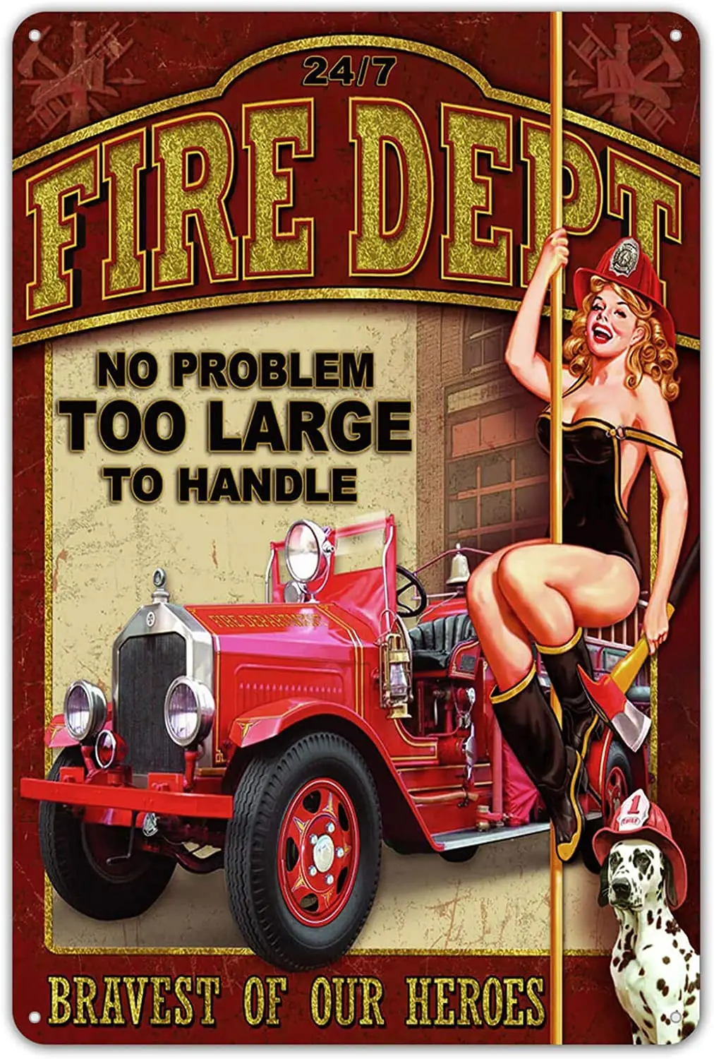 

Sarcarse Fire Dept без проблем пожарный Ретро булавка девушка винтажный Настенный декор металлический жестяной знак 8x12 дюймов