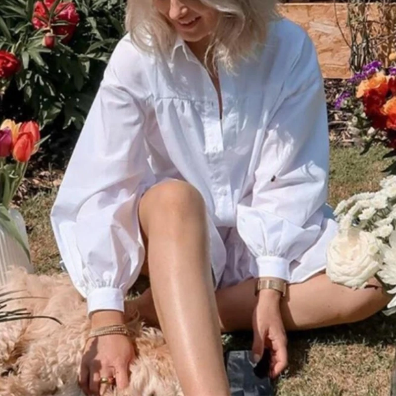 

Women Spring White Mini Shirt Dress Solid Casual Long Sleeve Loose Dress Autumn Turn Down Collar Button Office Lady Mini Dress