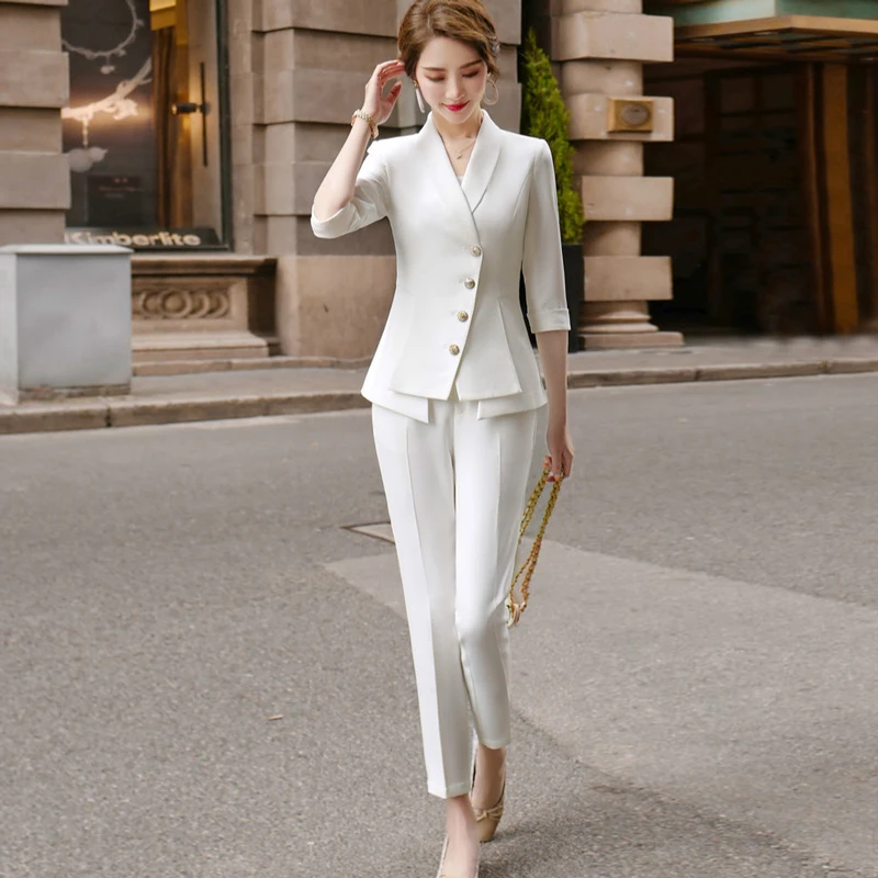 

High Quality Casual Women's Suit Pants Two Piece Set 2021 New Summer Elegant Ladies White Blazer Jacket Business Attire
