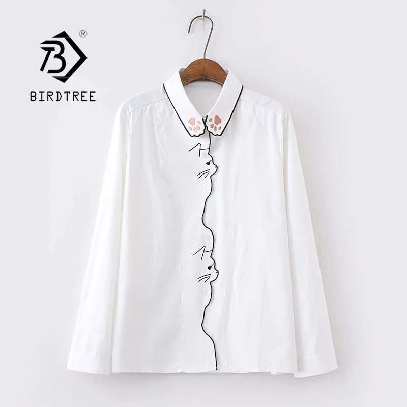 Весенняя новинка Женская хлопковая белая рубашка с вышивкой в виде кота и лапы