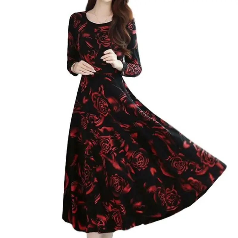 

Women Autumn Winter Long Sleeve Dress Ladies Casual Slim Fit Floral Party Dress