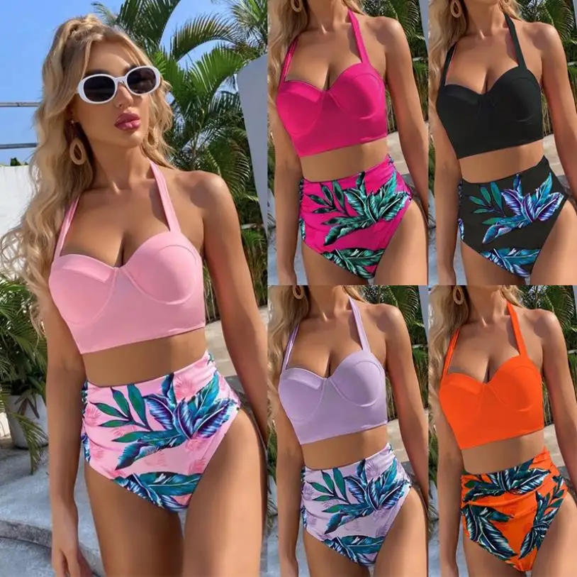 

Yiiciovy Summer Women High Waist Bikini Sets Beach Bathing Suit Beachwear Womens Halter Push Up Bikini Set Floral Print Swimsuit