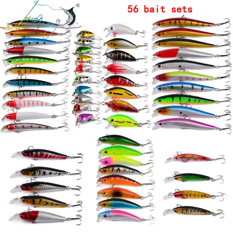 

56Pcs/lot Almighty Mixed Fishing Lure Bait Set Wobbler Crankbaits Swimbait Minnow Hard Baits Spiners Carp Fishing Tackle