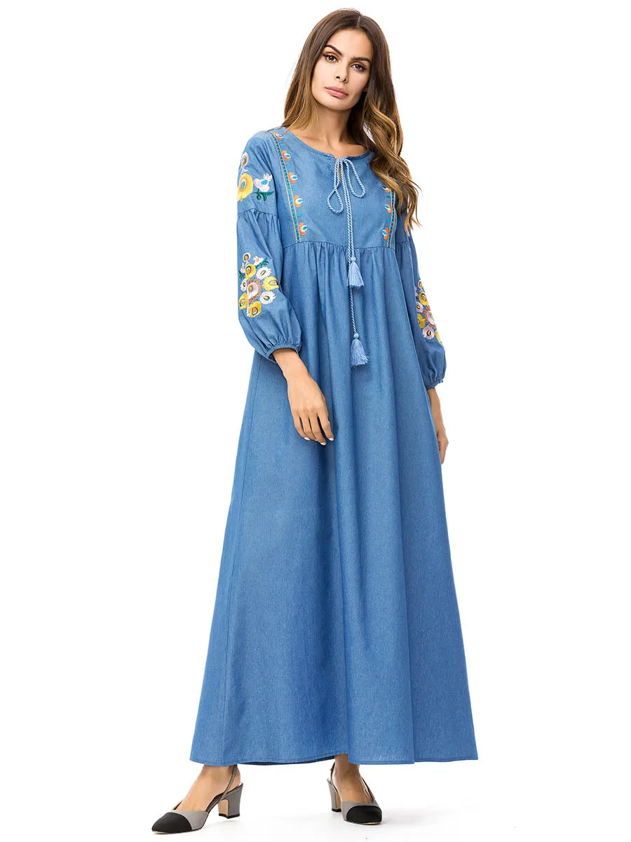 Джинсовая юбка с вышивкой повседневное свободное мусульманское платье осень