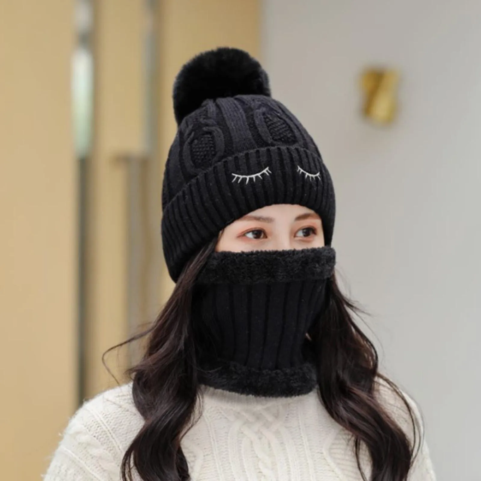 

Women's Winter Knitting Hat Thick Warm Solid Color Earmuff Neck Protection Warmth Caps With Pompom 2020 bonnet femme hiver 1130