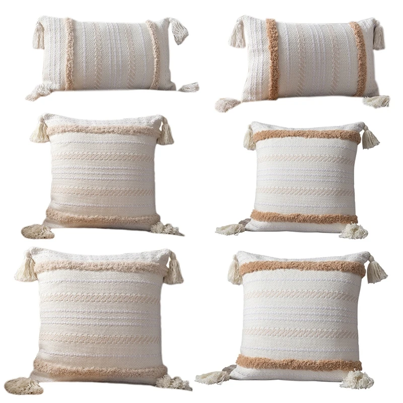 

Morocco Woven Boho Throw Pillow Case Minimalist Tufted Striped Tribal Tassels Decorative Cushion Cover for Sofa Couch P82C