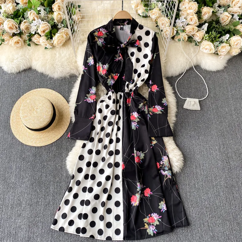

Spring And Autumn Celebrity Style Dress Female New Female Design Sense Wave Point Contrast Stitching Printing Mid-length Skirt