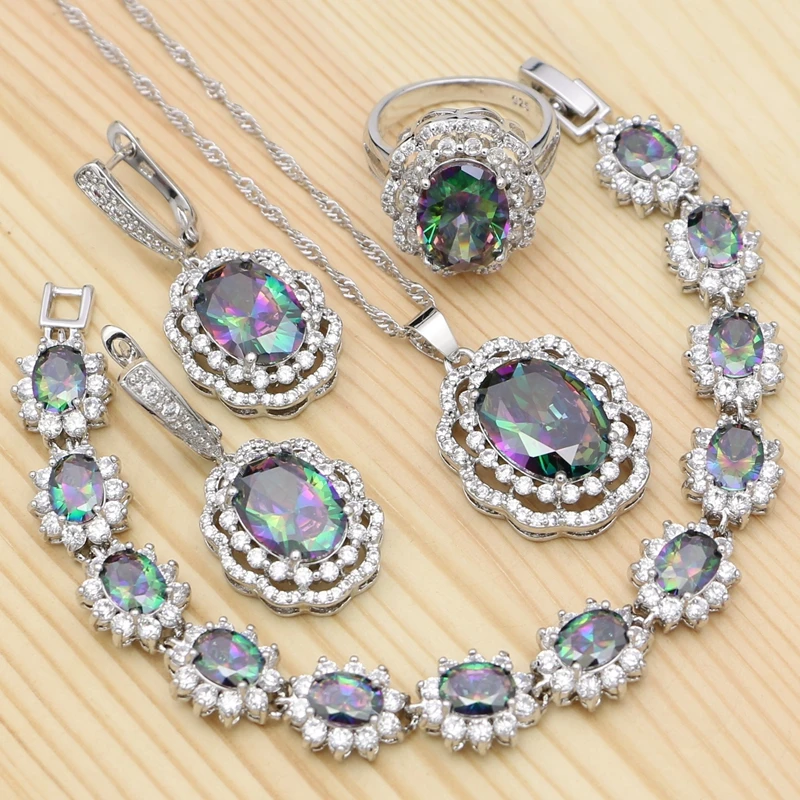 

925 Silver Bridal Jewelry Sets For Women Mystic Rainbow Cubic Zirconia Ring Bracelet Necklace Pendant Earrings Sets Jewellery