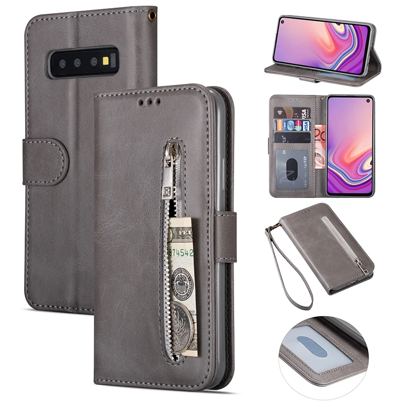 Grey Роскошный кожаный бумажник с застежкой-молнией A70 A50 A40 A30 A20 A10 M10 M20 M30 M40 карты Стенд флип чехол для samsung J4 Plus J6 чехол Capa - Цвет: Grey