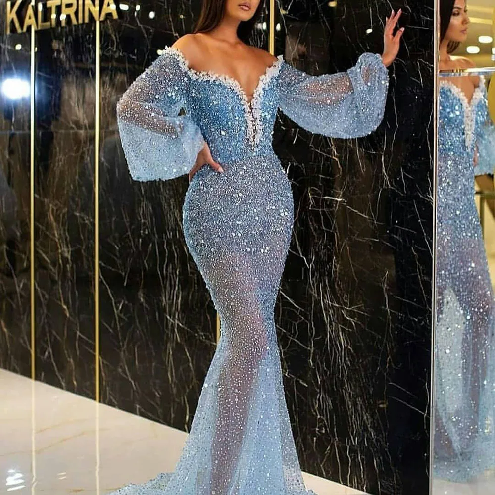 

Autumn New Fashion Deep V Perspective Blue Shiny Lantern Sleeve Mermaid Dress Party Sexy Evening Dress Women's Party Dresses