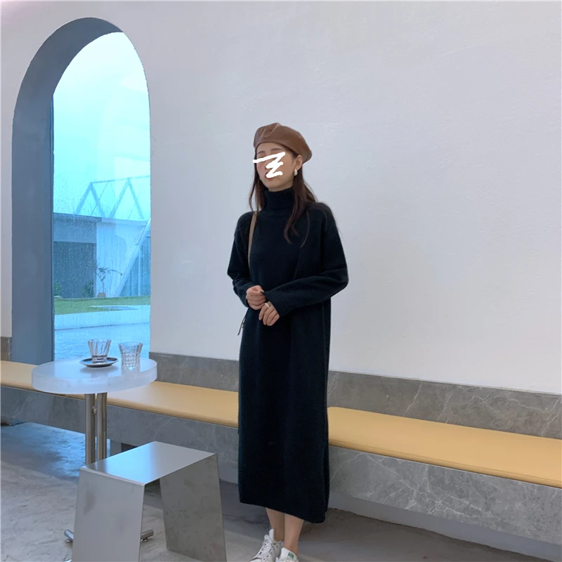 

Women Loose O Neck Knitted Sweater Dress Solid Long Sleeve Soft Autumn Winter Casual Midi Dress Vestidos