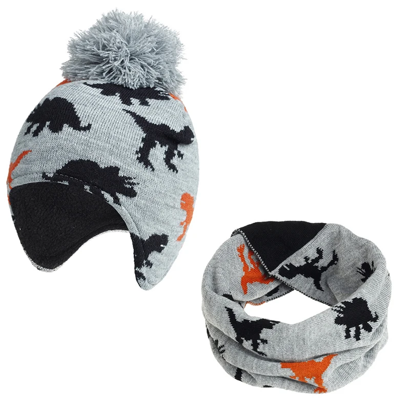 

New Design Baby Hat Kids Scarf Set Cute Pom Pom Autumn Winter Warm Beanie Cap Cartoon Dinosaur Kids Baby Hat Scarf Suit 2 Pcs