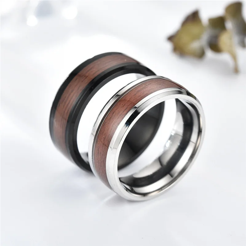 

New High Quality Fashion Men's Stainless Steel Ring Wood Grain Inlaid TITANIUM Ring Party Jewelry Anniversary Gift