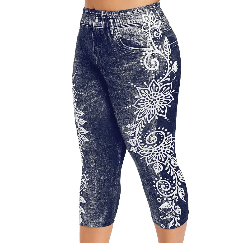 Женские леггинсы до середины икры имитирующие джинсы с принтом Yo ga Стрейчевые