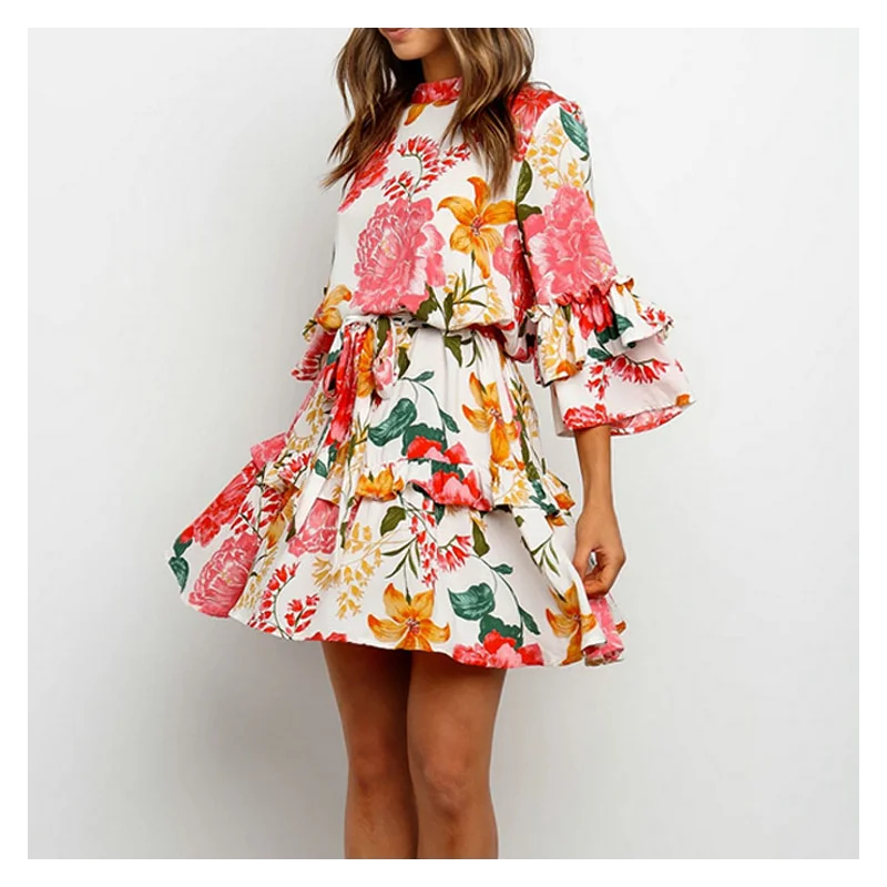 

Autumn Elegant Floral Print Ruffled Long-sleeved Lace-up Elastic Waist Womens Mini Dress Summer Party Plus Size Short Skirt
