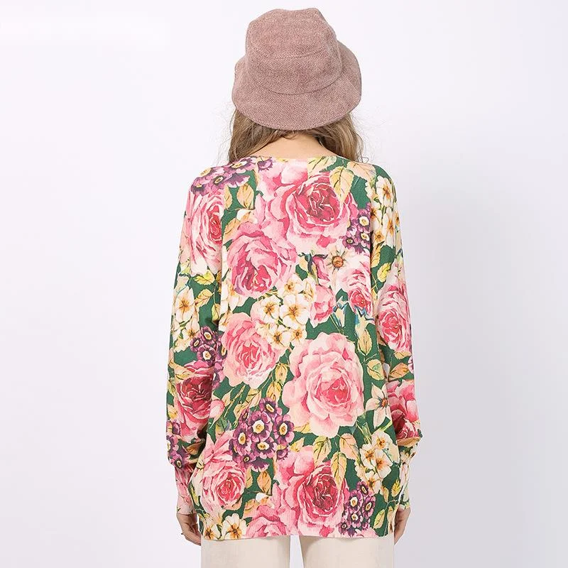 

Autumn Women's Ugly Sweater Casual Pullover Long Sleeve Top Floral Print Crew Neck Medium Length Loose Knit Basic Ladies Sweater