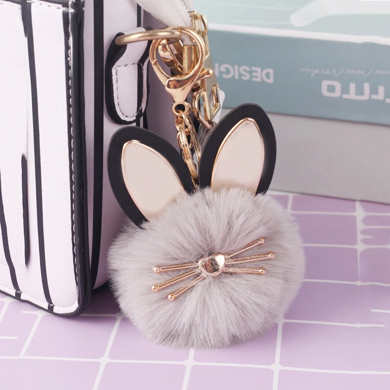 

Cute Women's Cat Ears Fur Ball Keychain Fluffy Rabbit Fur Ball Animal Key Chain Accessories Trinket Car Bag Pendant Jewelry Gift
