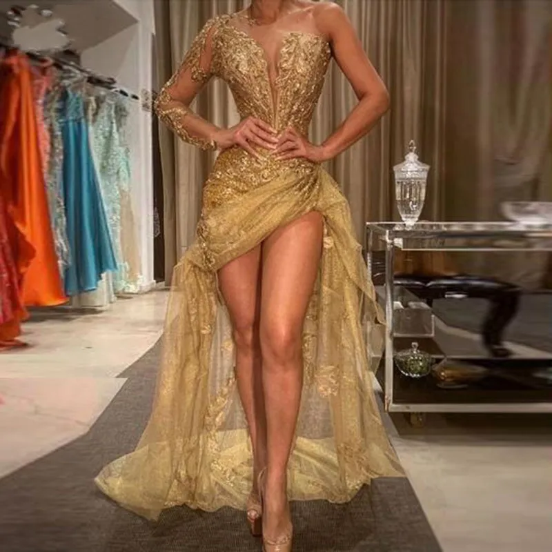 

Sexy One Shoulder Evening Dresses abendkleider Formal Dress Prom Gowns Long Sleeve Evening Dress Gold Appliques Slit abiye