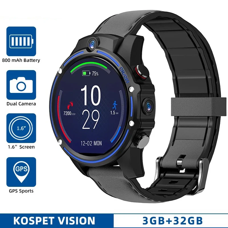 Смарт часы KOSPET Vision 4G Rom3 + 32G двойная камера 800 мА/ч батарея фитнес трекер спортивный