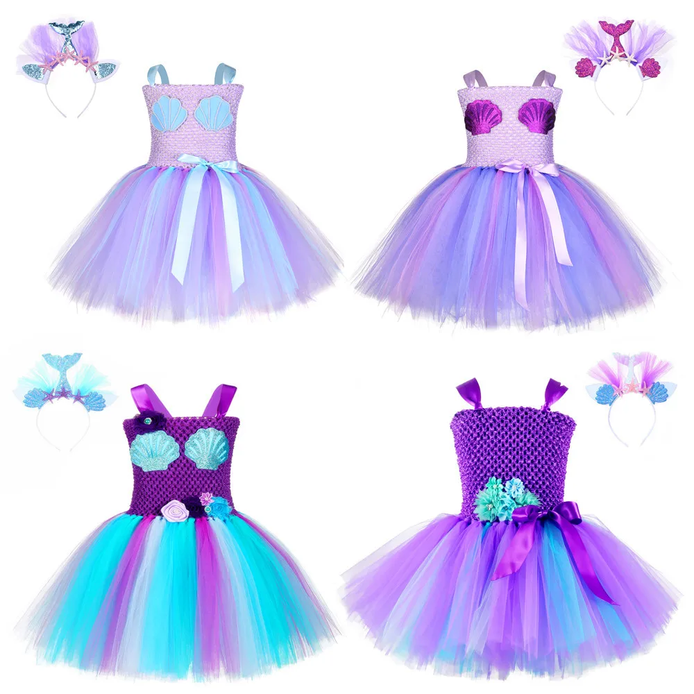 

Princess Girl Mermaid Tutu Dress Lovely Girl Purple Blue Knee Length Flower Birthday Tutu Dresses With Headband Cosplay Costume