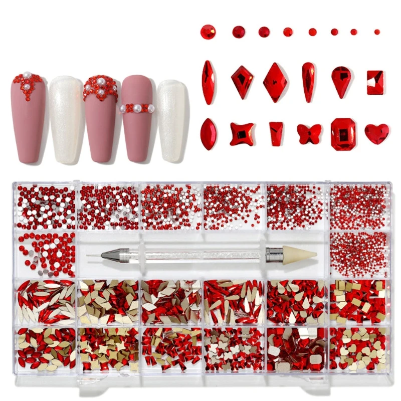 

21 Grids Glass Nail Art Decoration Kit Multi Shapes with Dual-ended Dotting Pen Set for DIY Nails Supplies Accessories