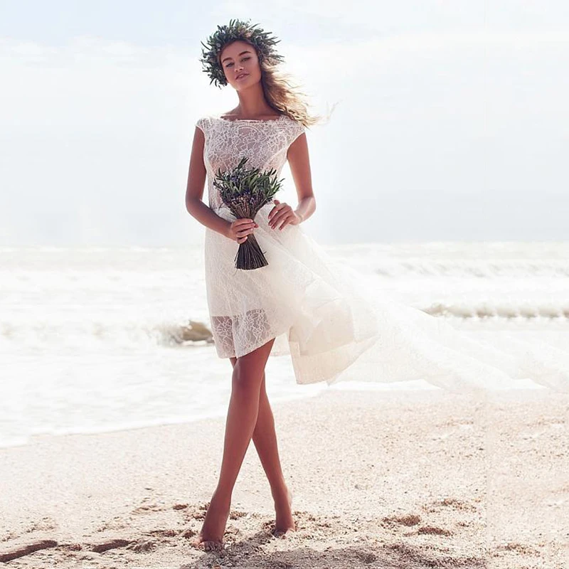 

Женское Короткое свадебное платье, Пляжное кружевное платье с низким рукавом, дешевые свадебные платья