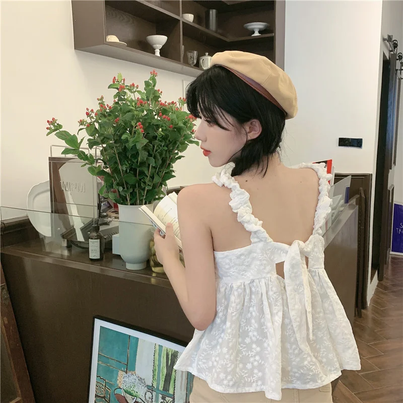 Настоящий белый кружевной жилет на бретельках с подходящим дизайном|Майки| |