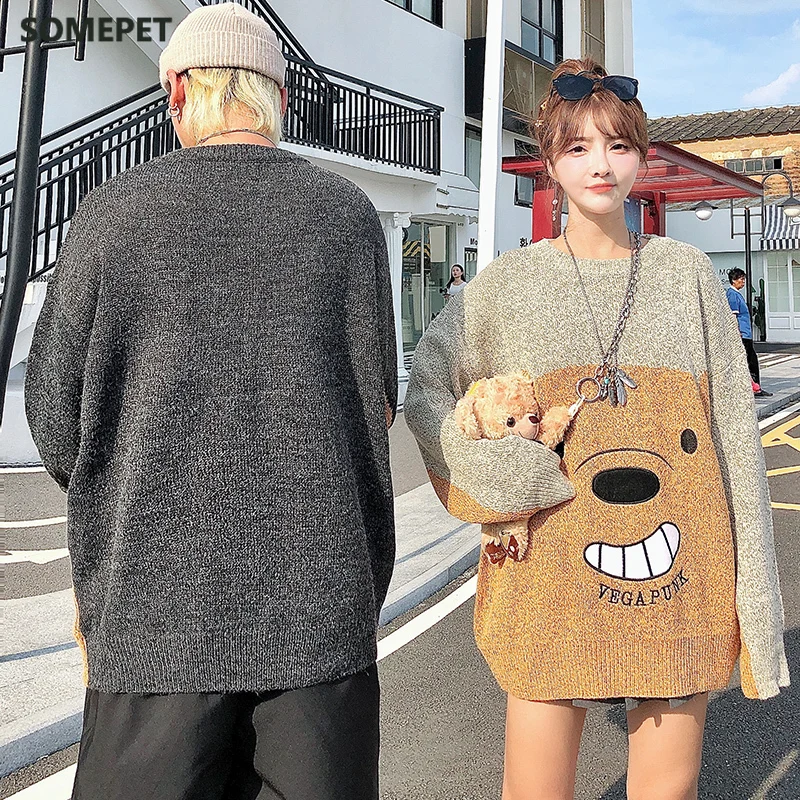 

Funny Bear Oversize Sweaters Men 2020 Winter High Streetwear Fashion Mens Pullovers Round Neck Vintage Couple Sweaters