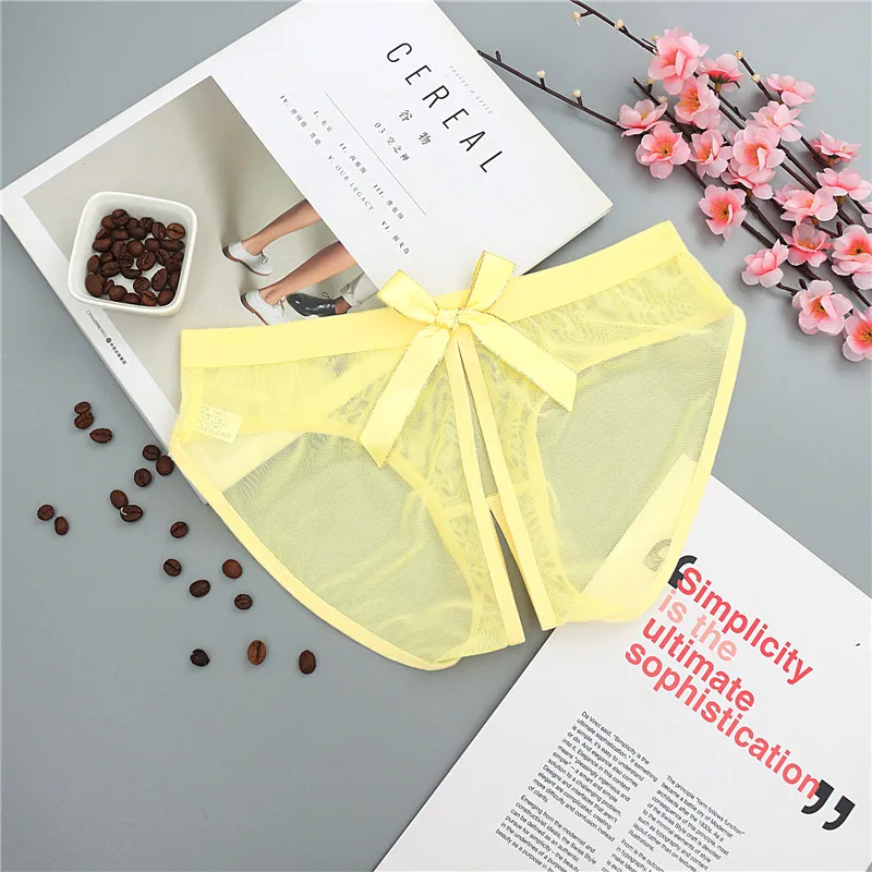 Yellow Сексуальное нижнее белье с бантом на спине, трусики с вырезами для секса, ночное белье, женское эротическое нижнее белье, сетчатые трусики, интимные товары - Цвет: Yellow