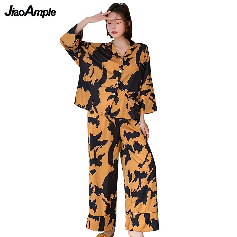 2022 Spring Autumn New Silk Pajamas Home Clothing Suit Women's Thin Long-sleeved Trousers Nightie Cardigan Pijamas Two-piece Set