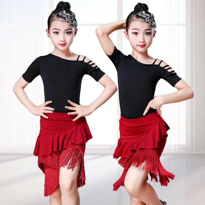 

Tassel Fringe Ballroom 2-pcs Split Latin Dance Dress For Kid Girl Stage Performance Professional Sumba Red Black Leotard Skirt