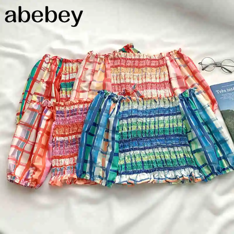 

2021 New Spring Summer Fashion hit color plaid Blouse off shoulder Slash neck ruched slim short Shirt Top