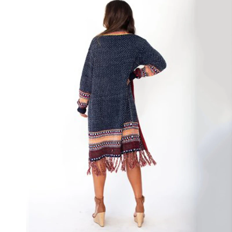 Женский винтажный кардиган средней длины трикотажное пальто в богемном стиле с