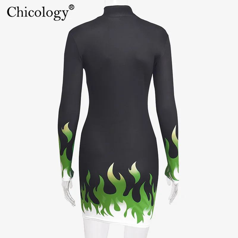 Chicology с огненным принтом принт Застежка-молния приталенное мини-платье Осень Зима Женское длинным рукавом Лонгслив облегающее обтяжку вечерние Клубные женская одежда