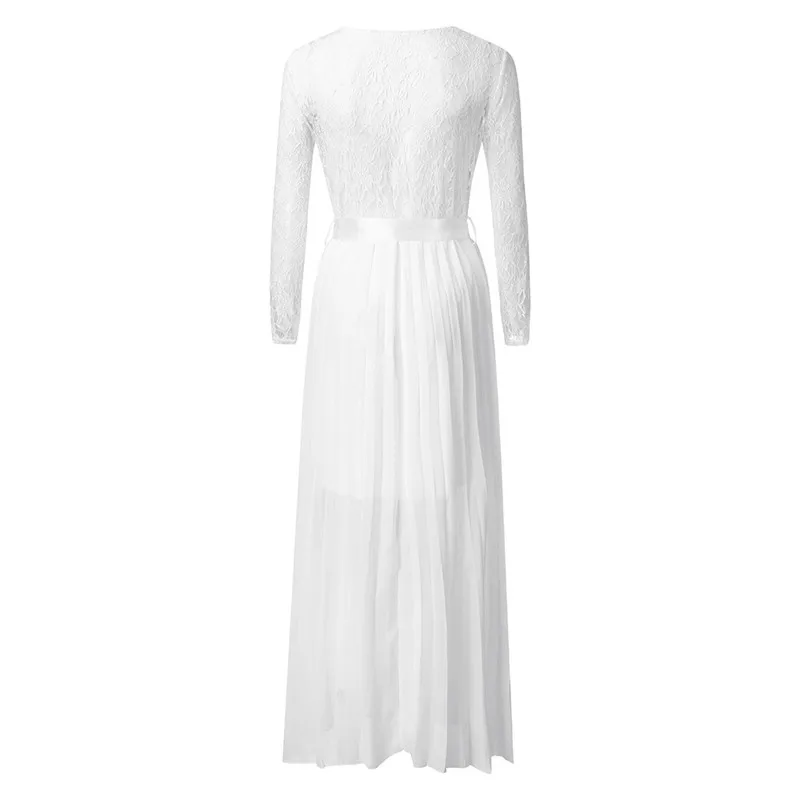 Для женщин кружевные платья-Макси платье 2019 Модные осенние пикантные платья с