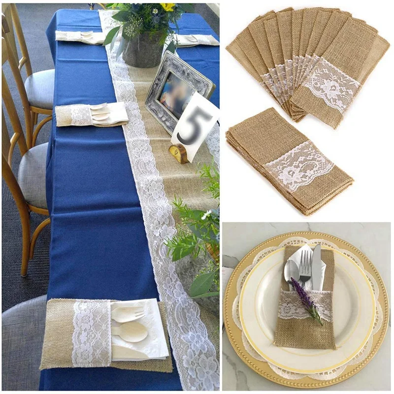 

Organize75Pcs Burlap Lace Cutlery Pouch Rustic Wedding Tableware Knife Fork Holder Bag Hessian Jute Table Decoration Accessories