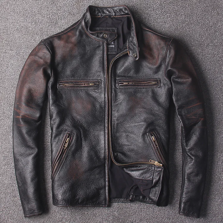 

2020 Vintage Men Slim Fit Biker's Leather Jacket Plus Size XXXL Genuine Cowhide Spring Russian Short Leather Coat FREE SHIPPING
